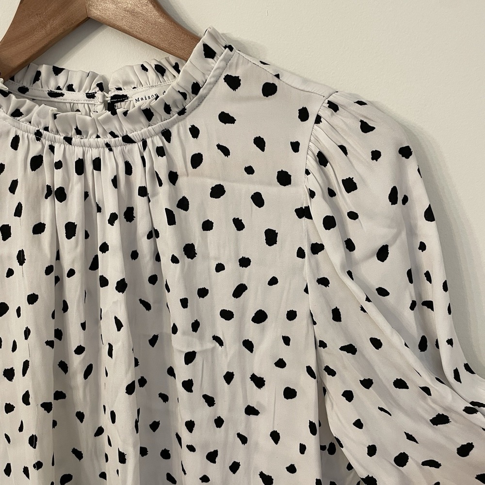 Maison d'Amélie Paris Dalmatian Dot Blouse Large Ruffle Mock Neck Smocked Cuff L - Picture 13 of 16